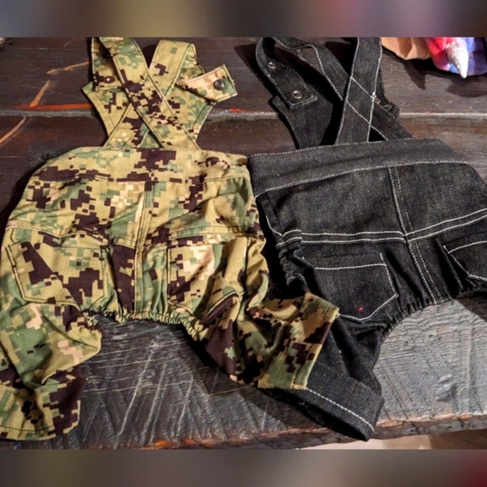 Designer doggy overalls by Ruff Stitched denim and camo for small dogs
